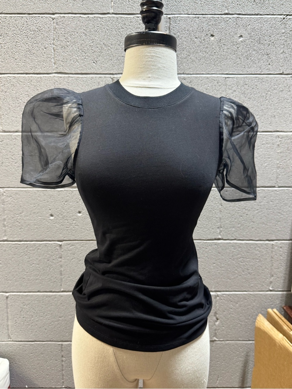 cinq a sept Black Sheer Puff Sleeve Knit Tee
